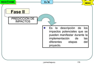 INICIO   HOME              Ev. IA                          MENÚ



          Fase II
          PREDICCIÓN DE
            IMPACTOS

                                Es la descripción de los
                                 impactos potenciales que se
                                 pueden manifestar durante la
                                 implementación     de    las
                                 diferentes   etapas      del
                                 proyecto.




                          j.pomachagua p.            176
 
