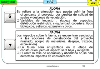 INICIO   HOME                          Ev. IA                           MENÚ

                                         FLORA
                Se refiere a la alteración que pueda sufrir la flora
                  circundante al proyecto, por perdida de calidad de
         6        suelos y desbroce de vegetación.
                 Variables de impacto : riqueza de especies,
                  distribución restringida, singularidad, cobertura, tipos
                  biológicos, estratos, extensión y otros.
                                        FAUNA
                Los impactos sobre la fauna, se encuentran asociados
                  a las acciones de construcción del proyecto
                  (traslado, acopio de materiales, despeje, trazado,
                  excavación).
         7       La fauna será ahuyentada en la etapa de
                  construcción, pero el impacto será bajo y mitigable
                 Durante la fase de operación y abandono no se han
                  detectado impactos de consideración.


                                      j.pomachagua p.            180
 