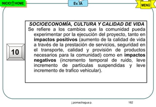 INICIO   HOME                        Ev. IA                         MENÚ




                SOCIOECONOMÍA, CULTURA Y CALIDAD DE VIDA
                Se refiere a los cambios que la comunidad pueda
                  experimentar por la ejecución del proyecto, tanto en
                  impactos positivos (aumento de la calidad de vida
                  a través de la prestación de servicios, seguridad en
                  el transporte, calidad y provisión de productos
         10       necesarios para la comunidad) como en impactos
                  negativos (incremento temporal de ruido, leve
                  incremento de partículas suspendidas y leve
                  incremento de trafico vehicular).




                                    j.pomachagua p.           182
 