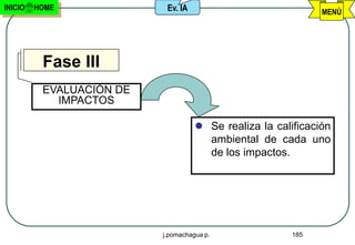 INICIO   HOME              Ev. IA                             MENÚ




          Fase III
          EVALUACIÓN DE
            IMPACTOS

                                     Se realiza la calificación
                                      ambiental de cada uno
                                      de los impactos.




                          j.pomachagua p.               185
 