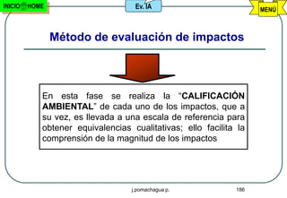 INICIO   HOME                      Ev. IA                          MENÚ



                Método de evaluación de impactos



            En esta fase se realiza la “CALIFICACIÓN
            AMBIENTAL” de cada uno de los impactos, que a
            su vez, es llevada a una escala de referencia para
            obtener equivalencias cualitativas; ello facilita la
            comprensión de la magnitud de los impactos




                                  j.pomachagua p.            186
 