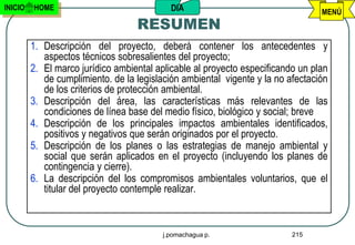 INICIO   HOME                              DIA                                   MENÚ
                                   RESUMEN
         1. Descripción del proyecto, deberá contener los antecedentes y
            aspectos técnicos sobresalientes del proyecto;
         2. El marco jurídico ambiental aplicable al proyecto especificando un plan
            de cumplimiento. de la legislación ambiental vigente y la no afectación
            de los criterios de protección ambiental.
         3. Descripción del área, las características más relevantes de las
            condiciones de línea base del medio físico, biológico y social; breve
         4. Descripción de los principales impactos ambientales identificados,
            positivos y negativos que serán originados por el proyecto.
         5. Descripción de los planes o las estrategias de manejo ambiental y
            social que serán aplicados en el proyecto (incluyendo los planes de
            contingencia y cierre).
         6. La descripción del los compromisos ambientales voluntarios, que el
            titular del proyecto contemple realizar.



                                         j.pomachagua p.                  215
 