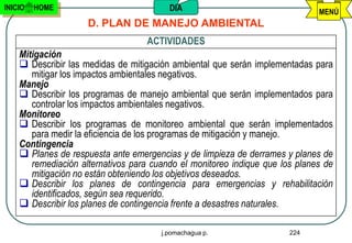 INICIO   HOME                            DIA                                  MENÚ
                     D. PLAN DE MANEJO AMBIENTAL
                                   ACTIVIDADES
    Mitigación
     Describir las medidas de mitigación ambiental que serán implementadas para
       mitigar los impactos ambientales negativos.
    Manejo
     Describir los programas de manejo ambiental que serán implementados para
       controlar los impactos ambientales negativos.
    Monitoreo
     Describir los programas de monitoreo ambiental que serán implementados
       para medir la eficiencia de los programas de mitigación y manejo.
    Contingencia
     Planes de respuesta ante emergencias y de limpieza de derrames y planes de
       remediación alternativos para cuando el monitoreo indique que los planes de
       mitigación no están obteniendo los objetivos deseados.
     Describir los planes de contingencia para emergencias y rehabilitación
       identificados, según sea requerido.
     Describir los planes de contingencia frente a desastres naturales.

                                       j.pomachagua p.                 224
 