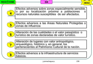 INICIO   HOME                          EIA                               MENÚ

                Efectos adversos sobre zonas especialmente sensible,
                o por su localización próxima a poblaciones        o
         4      recursos naturales susceptibles de ser afectados.


                Efectos adversos a las Áreas Naturales Protegidas o
         5      zonas de influencia

                Alteración de las cualidades o el valor paisajístico o
         6      turístico de zonas declaradas de valor turístico.

                Alteración de lugares con valor antropológico,
         7      arqueológico, histórico y, en general, los
                pertenecientes al Patrimonio Cultural de la nación.

                Efectos adversos a la infraestructura de servicios
         8      básicos.
                                     j.pomachagua p.             238
 
