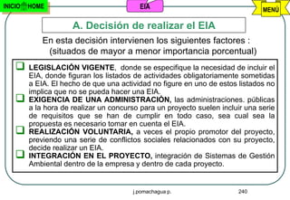 INICIO   HOME                             EIA                                   MENÚ

                      A. Decisión de realizar el EIA
             En esta decisión intervienen los siguientes factores :
              (situados de mayor a menor importancia porcentual)
        LEGISLACIÓN VIGENTE, donde se especifique la necesidad de incluir el
         EIA, donde figuran los listados de actividades obligatoriamente sometidas
         a EIA. El hecho de que una actividad no figure en uno de estos listados no
         implica que no se pueda hacer una EIA.
        EXIGENCIA DE UNA ADMINISTRACIÓN, las administraciones. públicas
         a la hora de realizar un concurso para un proyecto suelen incluir una serie
         de requisitos que se han de cumplir en todo caso, sea cual sea la
         propuesta es necesario tomar en cuenta el EIA.
        REALIZACIÓN VOLUNTARIA, a veces el propio promotor del proyecto,
         previendo una serie de conflictos sociales relacionados con su proyecto,
         decide realizar un EIA.
        INTEGRACIÓN EN EL PROYECTO, integración de Sistemas de Gestión
         Ambiental dentro de la empresa y dentro de cada proyecto.


                                        j.pomachagua p.                 240
 