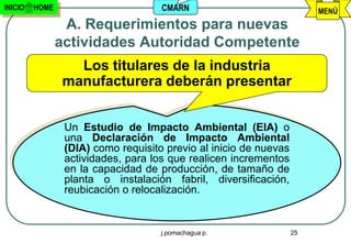 INICIO   HOME                        CMARN                              MENÚ
                 A. Requerimientos para nuevas
                actividades Autoridad Competente
                  Los titulares de la industria
                manufacturera deberán presentar


                 Un Estudio de Impacto Ambiental (EIA) o
                 una Declaración de Impacto Ambiental
                 (DIA) como requisito previo al inicio de nuevas
                 actividades, para los que realicen incrementos
                 en la capacidad de producción, de tamaño de
                 planta o instalación fabril, diversificación,
                 reubicación o relocalización.


                                     j.pomachagua p.               25
 