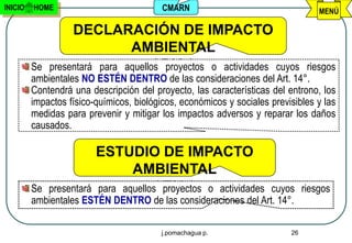INICIO   HOME                             CMARN                                  MENÚ

                  DECLARACIÓN DE IMPACTO
                              AMBIENTAL
         Se  presentará para aquellos DIA )
                                    ( proyectos o actividades cuyos           riesgos
         ambientales NO ESTÉN DENTRO de las consideraciones del Art. 14°.
         Contendrá una descripción del proyecto, las características del entrono, los
         impactos físico-químicos, biológicos, económicos y sociales previsibles y las
         medidas para prevenir y mitigar los impactos adversos y reparar los daños
         causados.

                         ESTUDIO DE IMPACTO
                                AMBIENTAL
         Se presentará   para aquellos( EIA ) o actividades
                                        proyectos               cuyos riesgos
         ambientales ESTÉN DENTRO de las consideraciones del Art. 14°.

                                         j.pomachagua p.                  26
 