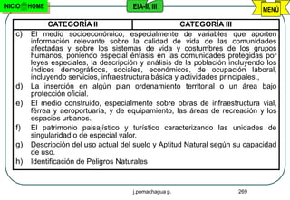 INICIO   HOME                          EIA-II, III                            MENÚ

              CATEGORÍA II                              CATEGORÍA III
    c)   El medio socioeconómico, especialmente de variables que aporten
         información relevante sobre la calidad de vida de las comunidades
         afectadas y sobre los sistemas de vida y costumbres de los grupos
         humanos, poniendo especial énfasis en las comunidades protegidas por
         leyes especiales, la descripción y análisis de la población incluyendo los
         índices demográficos, sociales, económicos, de ocupación laboral,
         incluyendo servicios, infraestructura básica y actividades principales.,
    d)   La inserción en algún plan ordenamiento territorial o un área bajo
         protección oficial.
    e)   El medio construido, especialmente sobre obras de infraestructura vial,
         férrea y aeroportuaria, y de equipamiento, las áreas de recreación y los
         espacios urbanos.
    f)   El patrimonio paisajístico y turístico caracterizando las unidades de
         singularidad o de especial valor.
    g)   Descripción del uso actual del suelo y Aptitud Natural según su capacidad
         de uso.
    h)   Identificación de Peligros Naturales


                                       j.pomachagua p.                 269
 