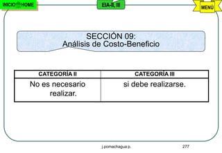 INICIO   HOME                    EIA-II, III                             MENÚ




                              SECCIÓN 09:
                       Análisis de Costo-Beneficio


                CATEGORÍA II                       CATEGORÍA III
           No es necesario                     si debe realizarse.
                realizar.




                                 j.pomachagua p.                   277
 