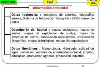 INICIO   HOME                       EIA-d                           MENÚ

                         Información ambiental

          Datos regionales : Imágenes de satélites, fotografías
          aéreas, Sistema de Información Geográfica (SIG), bases de
          datos

          Descripción del hábitat : mapas ecológicos, mapas de
          suelos, mapas de explotación de suelos, mapas de
          sistemas de cultivo, zonificación ecoclimática, clasificación
          fisiográfica, mapas hidrológicos, mapas hidrogeológicos

          Datos Numéricos : Meteorología, Hidrología, calidad de
          agua, población, vectores de enfermedades/salud, empleo,
          educación, producción agrícola, producción industrial


                                   j.pomachagua p.            291
 