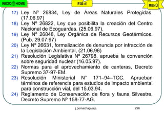INICIO   HOME                      EIA-d                          MENÚ
     17) Ley Nº 26834, Ley de Áreas Naturales Protegidas.
           (17.06.97)
     18)   Ley Nº 26822, Ley que posibilita la creación del Centro
           Nacional de Ecoguardas. (25.06.97).
     19)   Ley Nº 26848, Ley Orgánica de Recursos Geotérmicos.
           (Pub. 29.07.97)
     20)   Ley Nº 26631, formalización de denuncia por infracción de
           la Legislación Ambiental, (21.06.96)
     21)   Resolución Legislativa Nº 26798, aprueba la convención
           sobre seguridad nuclear (16.05.97).
     22)   Normas para el aprovechamiento de canteras, Decreto
           Supremo 37-97-EM.
     23)   Resolución Ministerial N° 171–94–TCC. Aprueban
           términos de referencia para estudios de impacto ambiental
           para construcción vial, del 15.03.94.
     24)   Reglamento de Conservación de flora y fauna Silvestre.
           Decreto Supremo Nº 158-77-AG.
                                  j.pomachagua p.           296
 