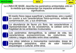 INICIO   HOME                       EIA-d                            MENÚ

    La LÍNEA DE BASE, describe los parámetros ambientales sólo en
          la medida que representen los impactos ambientales
                             significativos.

          El medio físico (agua superficial y subterránea, aire y suelo)
          en cuanto a sus características físico-químicos, estado de
          contaminación, etc. y sus dinámicas.
          La abundancia de fauna y/o flora, las características y
          representatividad de los ecosistemas, la calidad como la
          fragilidad de los ambientes involucrados.
          Los parámetros demográficos, la calidad de vida, las
          características socioeconómicas, las costumbres, los
          valores y rasgos culturales entre otras variables.
          Los sitios relativos a monumentos nacionales, áreas de
          singularidad paisajística, sitios de valor histórico-
          arqueológico o cultural, entre otros.

                                   j.pomachagua p.            301
 