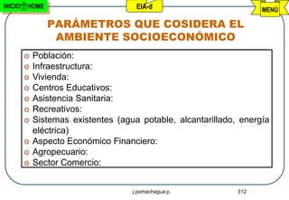 INICIO   HOME                       EIA-d                          MENÚ

                PARÁMETROS QUE COSIDERA EL
                 AMBIENTE SOCIOECONÓMICO
         o Población:
         o Infraestructura:
         o Vivienda:
         o Centros Educativos:
         o Asistencia Sanitaria:
         o Recreativos:
         o Sistemas existentes (agua potable, alcantarillado, energía
           eléctrica)
         o Aspecto Económico Financiero:
         o Agropecuario:
         o Sector Comercio:


                                   j.pomachagua p.           312
 