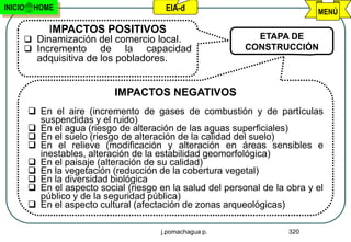 INICIO    HOME                            EIA-d                               MENÚ

              IMPACTOS POSITIVOS
      Dinamización del comercio local.                        ETAPA DE
      Incremento   de la capacidad                          CONSTRUCCIÓN
           adquisitiva de los pobladores.


                             IMPACTOS NEGATIVOS
          En el aire (incremento de gases de combustión y de partículas
           suspendidas y el ruido)
          En el agua (riesgo de alteración de las aguas superficiales)
          En el suelo (riesgo de alteración de la calidad del suelo)
          En el relieve (modificación y alteración en áreas sensibles e
           inestables, alteración de la estabilidad geomorfológica)
          En el paisaje (alteración de su calidad)
          En la vegetación (reducción de la cobertura vegetal)
          En la diversidad biológica
          En el aspecto social (riesgo en la salud del personal de la obra y el
           público y de la seguridad pública)
          En el aspecto cultural (afectación de zonas arqueológicas)

                                         j.pomachagua p.               320
 