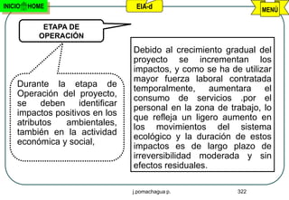 INICIO   HOME                      EIA-d                         MENÚ

            ETAPA DE
           OPERACIÓN
                                  Debido al crecimiento gradual del
                                  proyecto se incrementan los
                                  impactos, y como se ha de utilizar
                                  mayor fuerza laboral contratada
    Durante la etapa de
                                  temporalmente,      aumentara   el
    Operación del proyecto,
                                  consumo de servicios .por el
    se    deben     identificar
                                  personal en la zona de trabajo, lo
    impactos positivos en los
                                  que refleja un ligero aumento en
    atributos   ambientales,
                                  los movimientos del sistema
    también en la actividad
                                  ecológico y la duración de estos
    económica y social,
                                  impactos es de largo plazo de
                                  irreversibilidad moderada y sin
                                  efectos residuales.

                                  j.pomachagua p.          322
 