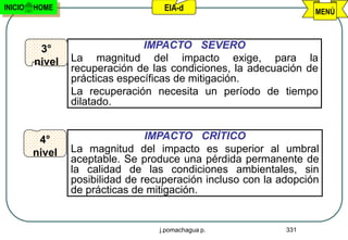 INICIO   HOME                       EIA-d                          MENÚ



          3°                    IMPACTO SEVERO
         nivel   La magnitud del impacto exige, para la
                 recuperación de las condiciones, la adecuación de
                 prácticas específicas de mitigación.
                 La recuperación necesita un período de tiempo
                 dilatado.


          4°                     IMPACTO CRÍTICO
         nivel   La magnitud del impacto es superior al umbral
                 aceptable. Se produce una pérdida permanente de
                 la calidad de las condiciones ambientales, sin
                 posibilidad de recuperación incluso con la adopción
                 de prácticas de mitigación.


                                   j.pomachagua p.           331
 