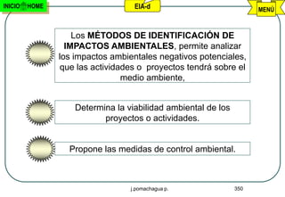 INICIO   HOME                      EIA-d                             MENÚ



                    Los MÉTODOS DE IDENTIFICACIÓN DE
                  IMPACTOS AMBIENTALES, permite analizar
                los impactos ambientales negativos potenciales,
                que las actividades o proyectos tendrá sobre el
                                medio ambiente,


                    Determina la viabilidad ambiental de los
                           proyectos o actividades.


                  Propone las medidas de control ambiental.



                                  j.pomachagua p.              350
 