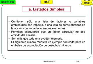 INICIO   HOME                       EIA-d                           MENÚ


                        a. Listados Simples


         • Contienen sólo una lista de factores o variables
           ambientales con impacto, o una lista de características de
           la acción con impacto, o ambos elementos.
         • Permiten asegurarse que un factor particular no sea
           omitido del análisis.
         • Son más que todo una ayuda - memoria.
         • El siguiente cuadro muestra un ejemplo simulado para un
           embalse de acumulación de desechos mineros.




                                   j.pomachagua p.            358
 