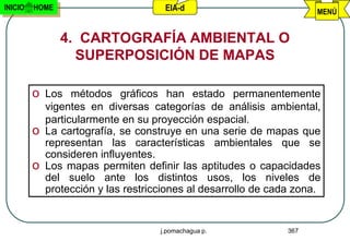 INICIO   HOME                         EIA-d                           MENÚ


                4. CARTOGRAFÍA AMBIENTAL O
                  SUPERPOSICIÓN DE MAPAS

         o Los métodos gráficos han estado permanentemente
             vigentes en diversas categorías de análisis ambiental,
             particularmente en su proyección espacial.
         o   La cartografía, se construye en una serie de mapas que
             representan las características ambientales que se
             consideren influyentes.
         o   Los mapas permiten definir las aptitudes o capacidades
             del suelo ante los distintos usos, los niveles de
             protección y las restricciones al desarrollo de cada zona.


                                     j.pomachagua p.            367
 