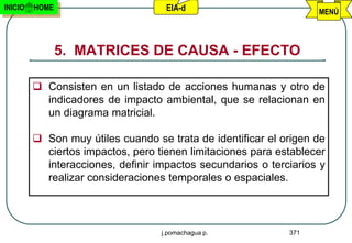 INICIO   HOME                       EIA-d                          MENÚ



                5. MATRICES DE CAUSA - EFECTO

          Consisten en un listado de acciones humanas y otro de
           indicadores de impacto ambiental, que se relacionan en
           un diagrama matricial.

          Son muy útiles cuando se trata de identificar el origen de
           ciertos impactos, pero tienen limitaciones para establecer
           interacciones, definir impactos secundarios o terciarios y
           realizar consideraciones temporales o espaciales.



                                   j.pomachagua p.           371
 