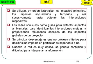 INICIO    HOME                       EIA-d                          MENÚ


          Se utilizan, en orden jerárquico, los impactos primarios,
           los impactos secundarios y terciarios, y así
           sucesivamente       hasta     obtener    las  interacciones
           respectivas .
          Las redes son útiles como guías para detectar impactos
           ambientales, para identificar las interacciones mutuas, y
           proporcionan resúmenes concisos de los impactos
           globales de un proyecto.
          Su principal desventaja es que no proveen criterios para
           decidir si un impacto en particular es importante o no.
          Cuando la red es muy densa, se genera confusión y
           dificultad para interpretar la información.


                                    j.pomachagua p.           390
 