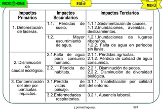 INICIO     HOME                               EIA-d                               MENÚ

            Impactos            Impactos                    Impactos Terciarios
            Primarios          Secundarios
                           1.1.    Pérdidas    de 1.1.1.Sedimentación de cauces.
         1. Deforestación         suelo.          1.1.2.Inundaciones, avenidas, y
            de laderas.                           deslizamientos.
                           1.2.            Mayor 1.2.1.Inundaciones de lugares
                                 escurrimiento    ribereños.
                                 de agua.         1.2.2. Falta de agua en períodos
                                                  sin lluvia.
                           2.1.Falta de agua 2.1.1. Pérdidas agrícolas.
                                para consumo 2.1.2. Pérdida de calidad de agua
          2. Disminución        humano.           consumida.
                 de        2.2. Pérdida de 2.2.1. Disminución de peces.
         caudal ecológico.      hábitats.         2.2.2. Disminución de diversidad
                                                  biológica.
         3. Contaminación 3.1.Pérdida          de 3.1.1. Insatisfacción por calidad
            del aire por        vistas        del del entorno.
             partículas         paisaje.
             Impactos.     3.2.Enfermedades       3.2.1. Ausencia laboral.
                                 respiratorias.
                                          j.pomachagua p.                   391
 