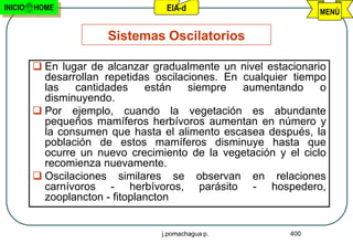 INICIO   HOME                      EIA-d                         MENÚ


                       Sistemas Oscilatorios

          En lugar de alcanzar gradualmente un nivel estacionario
           desarrollan repetidas oscilaciones. En cualquier tiempo
           las   cantidades     están   siempre   aumentando     o
           disminuyendo.
          Por ejemplo, cuando la vegetación es abundante
           pequeños mamíferos herbívoros aumentan en número y
           la consumen que hasta el alimento escasea después, la
           población de estos mamíferos disminuye hasta que
           ocurre un nuevo crecimiento de la vegetación y el ciclo
           recomienza nuevamente.
          Oscilaciones similares se observan en relaciones
           carnívoros - herbívoros, parásito - hospedero,
           zooplancton - fitoplancton


                                  j.pomachagua p.          400
 