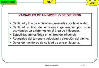 INICIO   HOME                       EIA-d                              MENÚ




                VARIABLES DE UN MODELO DE DIFUSIÓN

          Cantidad y tipo de emisiones generadas por la actividad.
          Cantidad y tipo de emisiones generadas por otras
           actividades ya existentes en el área de influencia.
          Estabilidad atmosférica en el área de influencia.
          Rugosidad del terreno y velocidad y dirección del viento.
          Datos de monitoreo de calidad de aire en la zona.




                                   j.pomachagua p.            416
 