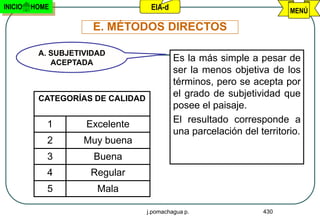 INICIO   HOME                      EIA-d                               MENÚ

                      E. MÉTODOS DIRECTOS

          A. SUBJETIVIDAD
             ACEPTADA
                                           Es la más simple a pesar de
                                           ser la menos objetiva de los
                                           términos, pero se acepta por
          CATEGORÍAS DE CALIDAD
                                           el grado de subjetividad que
                                           posee el paisaje.
            1       Excelente              El resultado corresponde a
                                           una parcelación del territorio.
            2       Muy buena
            3         Buena
            4        Regular
            5          Mala

                                  j.pomachagua p.               430
 