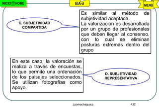 INICIO    HOME                      EIA-d                              MENÚ

                                        Es similar al método de
                                        subjetividad aceptada.
           C. SUBJETIVIDAD              La valorización es desarrollada
             COMPARTIDA
                                        por un grupo de profesionales
                                        que deben llegar al consenso,
                                        con lo cual se eliminan
                                        posturas extremas dentro del
                                        grupo

         En este caso, la valoración se
         realiza a través de encuestas,
         lo que permite una ordenación               D. SUBJETIVIDAD
         de los paisajes seleccionados.              REPRESENTATIVA
         Se utilizan fotografías como
         apoyo.


                                   j.pomachagua p.               432
 