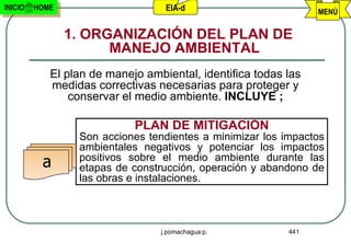 INICIO   HOME                     EIA-d                         MENÚ


                1. ORGANIZACIÓN DEL PLAN DE
                      MANEJO AMBIENTAL
            El plan de manejo ambiental, identifica todas las
            medidas correctivas necesarias para proteger y
                conservar el medio ambiente. INCLUYE ;

                            PLAN DE MITIGACIÓN
                 Son acciones tendientes a minimizar los impactos
                 ambientales negativos y potenciar los impactos
          a      positivos sobre el medio ambiente durante las
                 etapas de construcción, operación y abandono de
                 las obras e instalaciones.



                                 j.pomachagua p.          441
 