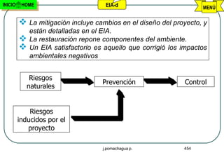 INICIO    HOME                       EIA-d                          MENÚ


          La mitigación incluye cambios en el diseño del proyecto, y
             están detalladas en el EIA.
            La restauración repone componentes del ambiente.
            Un EIA satisfactorio es aquello que corrigió los impactos
             ambientales negativos


             Riesgos
                                    Prevención                Control
            naturales


             Riesgos
         inducidos por el
            proyecto

                                    j.pomachagua p.           454
 