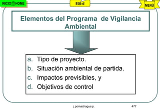 INICIO   HOME                     EIA-d                      MENÚ


           Elementos del Programa de Vigilancia
                        Ambiental



                a.   Tipo de proyecto.
                b.   Situación ambiental de partida.
                c.   Impactos previsibles, y
                d.   Objetivos de control

                                 j.pomachagua p.       477
 