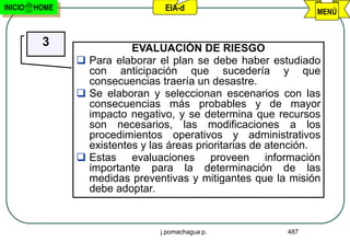 INICIO   HOME                     EIA-d                          MENÚ


          3                EVALUACIÓN DE RIESGO
                 Para elaborar el plan se debe haber estudiado
                  con anticipación que sucedería y que
                  consecuencias traería un desastre.
                 Se elaboran y seleccionan escenarios con las
                  consecuencias más probables y de mayor
                  impacto negativo, y se determina que recursos
                  son necesarios, las modificaciones a los
                  procedimientos operativos y administrativos
                  existentes y las áreas prioritarias de atención.
                 Estas evaluaciones proveen información
                  importante para la determinación de las
                  medidas preventivas y mitigantes que la misión
                  debe adoptar.


                                 j.pomachagua p.           487
 