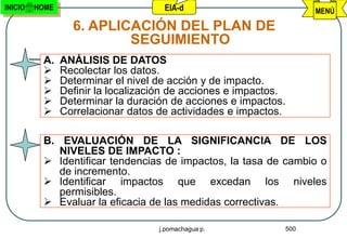 INICIO   HOME                        EIA-d                          MENÚ

                  6. APLICACIÓN DEL PLAN DE
                          SEGUIMIENTO
          A.    ANÁLISIS DE DATOS
               Recolectar los datos.
               Determinar el nivel de acción y de impacto.
               Definir la localización de acciones e impactos.
               Determinar la duración de acciones e impactos.
               Correlacionar datos de actividades e impactos.

          B. EVALUACIÓN DE LA SIGNIFICANCIA DE LOS
             NIVELES DE IMPACTO :
           Identificar tendencias de impactos, la tasa de cambio o
             de incremento.
           Identificar impactos que excedan los niveles
             permisibles.
           Evaluar la eficacia de las medidas correctivas.

                                    j.pomachagua p.           500
 