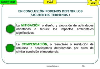 INICIO   HOME                       EIA-d                       MENÚ


                 EN CONCLUSIÓN PODEMOS DEFINIR LOS
                       SIGUIENTES TÉRMINOS :


                La MITIGACIÓN, o diseño y ejecución de actividades
                orientadas a reducir los impactos ambientales
                significativos.


                La COMPENSACIÓN, o reemplazo o sustitución de
                recursos o ecosistemas deteriorados por otros de
                similar condición e importancia.



                                   j.pomachagua p.        504
 