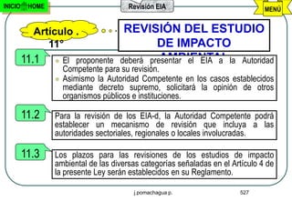 INICIO    HOME                         Revisión EIA                             MENÚ


           Artículo .                REVISIÓN DEL ESTUDIO
              11°                            DE IMPACTO
         11.1       El proponente            AMBIENTAL
                                    deberá presentar el EIA a la Autoridad
                     Competente para su revisión.
                    Asimismo la Autoridad Competente en los casos establecidos
                     mediante decreto supremo, solicitará la opinión de otros
                     organismos públicos e instituciones.

         11.2    Para la revisión de los EIA-d, la Autoridad Competente podrá
                 establecer un mecanismo de revisión que incluya a las
                 autoridades sectoriales, regionales o locales involucradas.

         11.3    Los plazos para las revisiones de los estudios de impacto
                 ambiental de las diversas categorías señaladas en el Artículo 4 de
                 la presente Ley serán establecidos en su Reglamento.

                                        j.pomachagua p.                 527
 