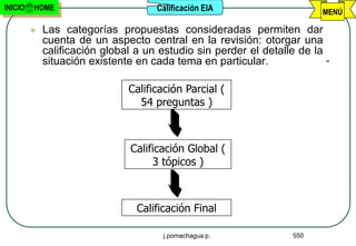 INICIO   HOME                        Calificación EIA                   MENÚ

            Las categorías propuestas consideradas permiten dar
             cuenta de un aspecto central en la revisión: otorgar una
             calificación global a un estudio sin perder el detalle de la
             situación existente en cada tema en particular.

                               Calificación Parcial (
                                 54 preguntas )



                               Calificación Global (
                                    3 tópicos )



                                 Calificación Final

                                       j.pomachagua p.            550
 