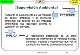 INICIO   HOME                     SA                            MENÚ

                Supervisión Ambiental

     Asegurar el cumplimiento de las medidas         PRETENDE
     de control ambiental y el monitoreo
     ambiental del registro de los impactos
     ambientales que aparecen durante la
     ejecución del proyecto.


         IMPLICA      La recopilación sistemática de un gran
                      potencial de información de variables físicas,
                      biológicas, sociales y económicas que van a
                      contribuir a la fase de evaluación ambiental.


                                j.pomachagua p.           568
 