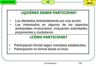 INICIO   HOME                        PC                          MENÚ



                   ¿QUIÉNES DEBEN PARTICIPAR?

         •      Los afectados ambientalmente por una acción.
         •      Los interesados en algunos de los aspectos
                ambientales involucrados, incluyendo autoridades,
                proponentes y ciudadanos.
                         ¿CÓMO PARTICIPAR?

         •   Participación formal según mandatos establecidos.
         •   Participación no formal desde el inicio.



                                   j.pomachagua p.        582
 