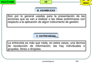 INICIO   HOME                        PC                           MENÚ


                               B. ASAMBLEAS

         Son por lo general usadas para la presentación de las
         acciones que se van a realizar o las ideas preliminares con
         respecto a la aplicación de algún instrumento de gestión.



                              C. ENTREVISTAS

         La entrevista es más que nada, en estos casos, una técnica
         de recolección de información; las hay individuales o
         grupales, libres o dirigidas.



                                   j.pomachagua p.          593
 