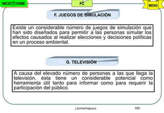 INICIO    HOME                        PC                             MENÚ

                           F. JUEGOS DE SIMULACIÒN


         Existe un considerable número de juegos de simulación que
         han sido diseñados para permitir a las personas simular los
         efectos causados al realizar elecciones y decisiones políticas
         en un proceso ambiental.


                                G. TELEVISIÓN

         A causa del elevado número de personas a las que llega la
         televisión, ésta tiene un considerable potencial como
         herramienta útil tanto para informar como para requerir la
         participación del público.


                                    j.pomachagua p.            595
 