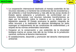 INICIO   HOME                              LGA                                  MENÚ


         h. La cooperación internacional destinada al manejo sostenible de los
            recursos naturales y a mantener las condiciones de los ecosistemas y
            del ambiente a nivel transfronterizo y más allá de las zonas donde el
            Estado ejerce soberanía y jurisdicción, de conformidad con el
            derecho internacional. Los recursos naturales transfronterizos se
            rigen por los tratados sobre la materia o en su defecto por la
            legislación especial. El Estado promueve la gestión integrada de
            estos recursos y la realización de alianzas estratégicas en tanto
            supongan el mejoramiento de las condiciones de sostenibilidad y el
            respeto de las normas ambientales nacionales.
         i. Cooperar en la conservación y uso sostenible de la diversidad
            biológica marina en zonas más allá de los límites de la jurisdicción
            nacional, conforme al derecho internacional.
         j. El establecimiento, desarrollo y promoción del derecho internacional
            ambiental.




                                         j.pomachagua p.                 63
 