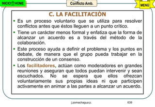 INICIO   HOME                      Conflicto Amb.                  MENÚ

                         C. LA FACILITACIÓN
          Es un proceso voluntario que se utiliza para resolver
           conflictos antes que éstos lleguen a un punto crítico.
          Tiene un carácter menos formal y enfatiza que la forma de
           alcanzar un acuerdo es a través del método de la
           colaboración.
          Este proceso ayuda a definir el problema y los puntos en
           debate, de manera que el grupo pueda trabajar en la
           construcción de un consenso.
          Los facilitadores, actúan como moderadores en grandes
           reuniones y aseguran que todos puedan intervenir y sean
           escuchados. No se espera que ellos ofrezcan
           voluntariamente sus propias ideas ni que participen
           activamente en animar a las partes a alcanzar un acuerdo.


                                   j.pomachagua p.           639
 