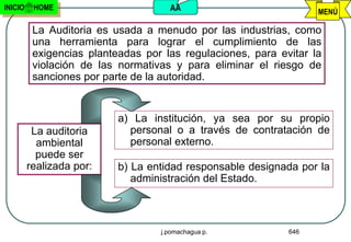 INICIO    HOME                       AA                            MENÚ

          La Auditoria es usada a menudo por las industrias, como
          una herramienta para lograr el cumplimiento de las
          exigencias planteadas por las regulaciones, para evitar la
          violación de las normativas y para eliminar el riesgo de
          sanciones por parte de la autoridad.


                           a) La institución, ya sea por su propio
          La auditoria       personal o a través de contratación de
           ambiental         personal externo.
           puede ser
         realizada por:    b) La entidad responsable designada por la
                              administración del Estado.



                                   j.pomachagua p.           646
 