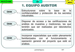 INICIO   HOME                AA                           MENÚ
                1. EQUIPO AUDITOR
         DEBE
                Estructurarse    sobre   la   base    de   la
                confidencialidad y protección de los secretos
                industriales.

                Disponer de acceso a las certificaciones de
         DEBE   análisis de muestras y mediciones, las que
                tendrán que ser realizadas por laboratorios
                autorizados.

                Incorporar especialistas que estén plenamente
         DEBE   familiarizados con el funcionamiento y
                operación general del proyecto que esté en
                análisis.

                           j.pomachagua p.          647
 