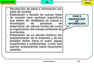 INICIO       HOME                        AA                         MENÚ

            Recolección de datos e información con
             listas de revisión.
            Elaboración y llenado de nuevas listas
                                                            FASE II
             de revisión para sectores específicos        GENERACIÓN
             que deben ser detallados en cuanto a             DE
             tecnologías       de    procesos,      de   INFORMACIÓN
             tratamiento, de valores límites así como
             la organización del manejo ambiental de
             la empresa.
            Elaboración de un estudio histórico del
             emplazamiento de la empresa y de los
             posibles daños hacia el suelo, aguas
             superficiales y subterráneas, o aire, que
             aporten antecedentes sobre situaciones
             pasadas.


                                       j.pomachagua p.        652
 