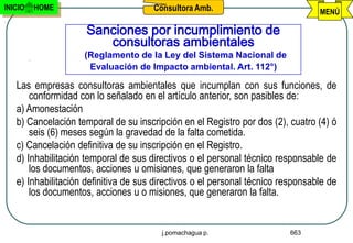 INICIO   HOME                         Consultora Amb.                            MENÚ

                     Sanciones por incumplimiento de
                        consultoras ambientales
                    (Reglamento de la Ley del Sistema Nacional de
                     Evaluación de Impacto ambiental. Art. 112°)

   Las empresas consultoras ambientales que incumplan con sus funciones, de
       conformidad con lo señalado en el artículo anterior, son pasibles de:
   a) Amonestación
   b) Cancelación temporal de su inscripción en el Registro por dos (2), cuatro (4) ó
       seis (6) meses según la gravedad de la falta cometida.
   c) Cancelación definitiva de su inscripción en el Registro.
   d) Inhabilitación temporal de sus directivos o el personal técnico responsable de
       los documentos, acciones u omisiones, que generaron la falta
   e) Inhabilitación definitiva de sus directivos o el personal técnico responsable de
       los documentos, acciones u o misiones, que generaron la falta.


                                        j.pomachagua p.                   663
 