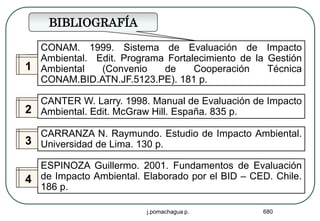 BIBLIOGRAFÍA

  CONAM. 1999. Sistema de Evaluación de Impacto
  Ambiental. Edit. Programa Fortalecimiento de la Gestión
1 Ambiental   (Convenio    de     Cooperación     Técnica
  CONAM.BID.ATN.JF.5123.PE). 181 p.

  CANTER W. Larry. 1998. Manual de Evaluación de Impacto
2 Ambiental. Edit. McGraw Hill. España. 835 p.

  CARRANZA N. Raymundo. Estudio de Impacto Ambiental.
3 Universidad de Lima. 130 p.

  ESPINOZA Guillermo. 2001. Fundamentos de Evaluación
4 de Impacto Ambiental. Elaborado por el BID – CED. Chile.
  186 p.

                         j.pomachagua p.         680
 