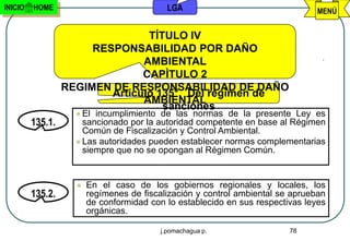 INICIO   HOME                               LGA                                MENÚ


                                 TÍTULO IV
                       RESPONSABILIDAD POR DAÑO
                                AMBIENTAL
                                CAPÌTULO 2
                  REGIMEN DE RESPONSABILIDAD DE DAÑO
                          Artículo 135°. Del régimen de
                                AMBIENTAL
                                    sanciones
                     El incumplimiento de las normas de la presente Ley es
         135.1.       sancionado por la autoridad competente en base al Régimen
                      Común de Fiscalización y Control Ambiental.
                     Las autoridades pueden establecer normas complementarias
                      siempre que no se opongan al Régimen Común.


                       En el caso de los gobiernos regionales y locales, los
         135.2.         regímenes de fiscalización y control ambiental se aprueban
                        de conformidad con lo establecido en sus respectivas leyes
                        orgánicas.

                                          j.pomachagua p.                78
 